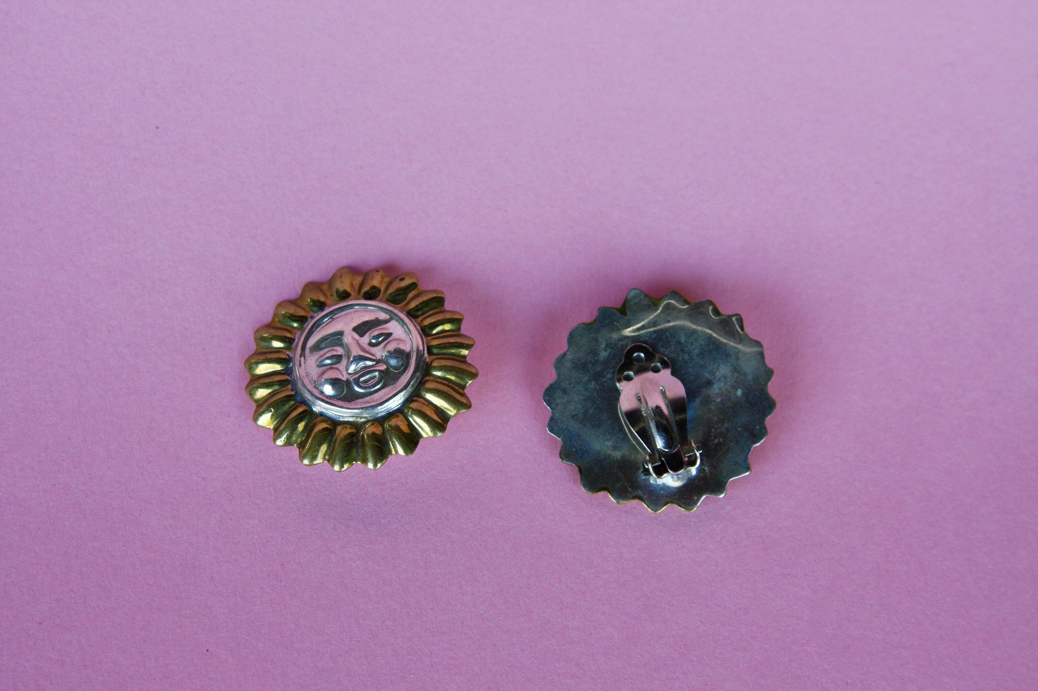 Vintage Mexican Sterling Silver Sun Clip On Earrings