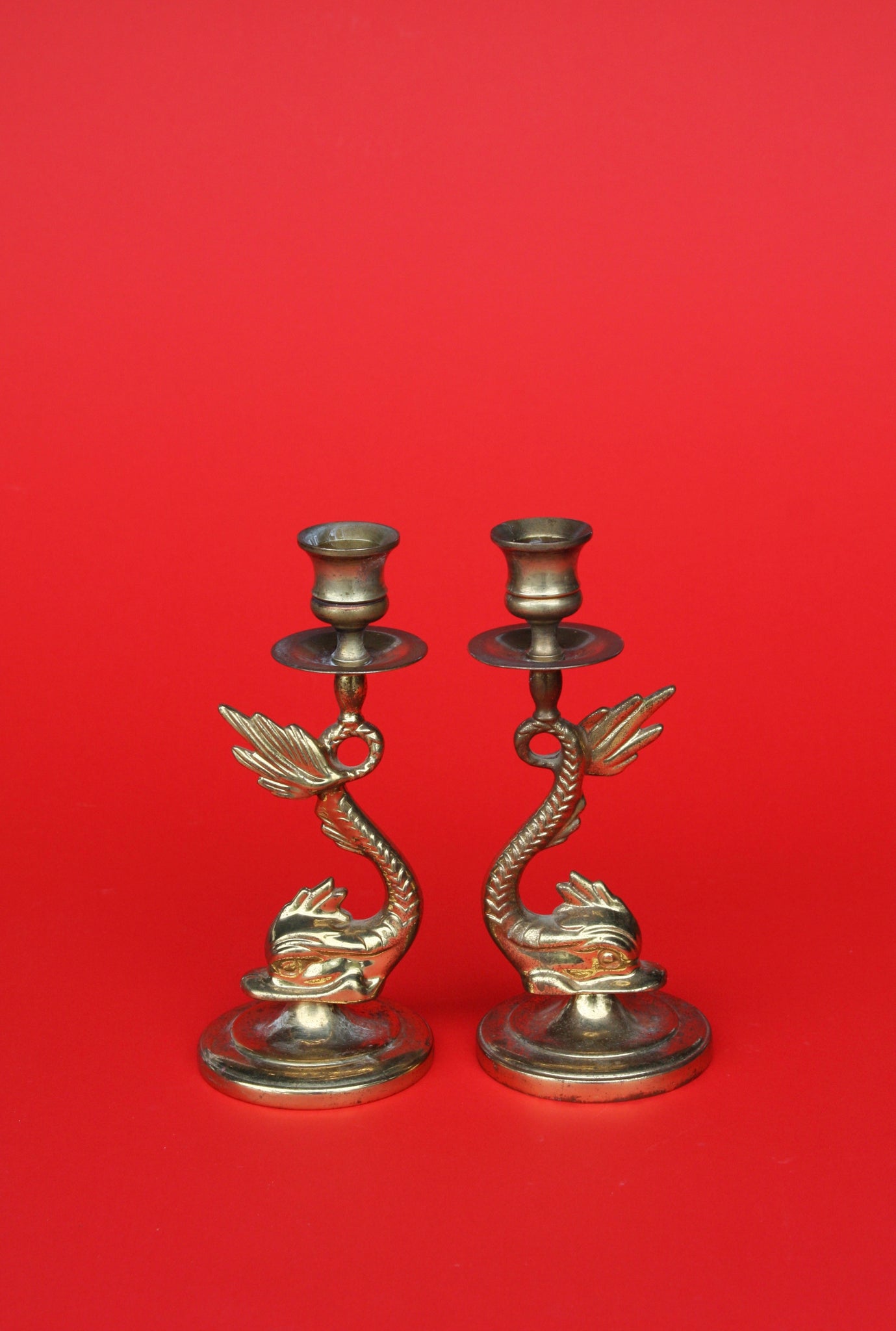 1960's Vintage Brass Koi Fish / Dolphin Candle Holders