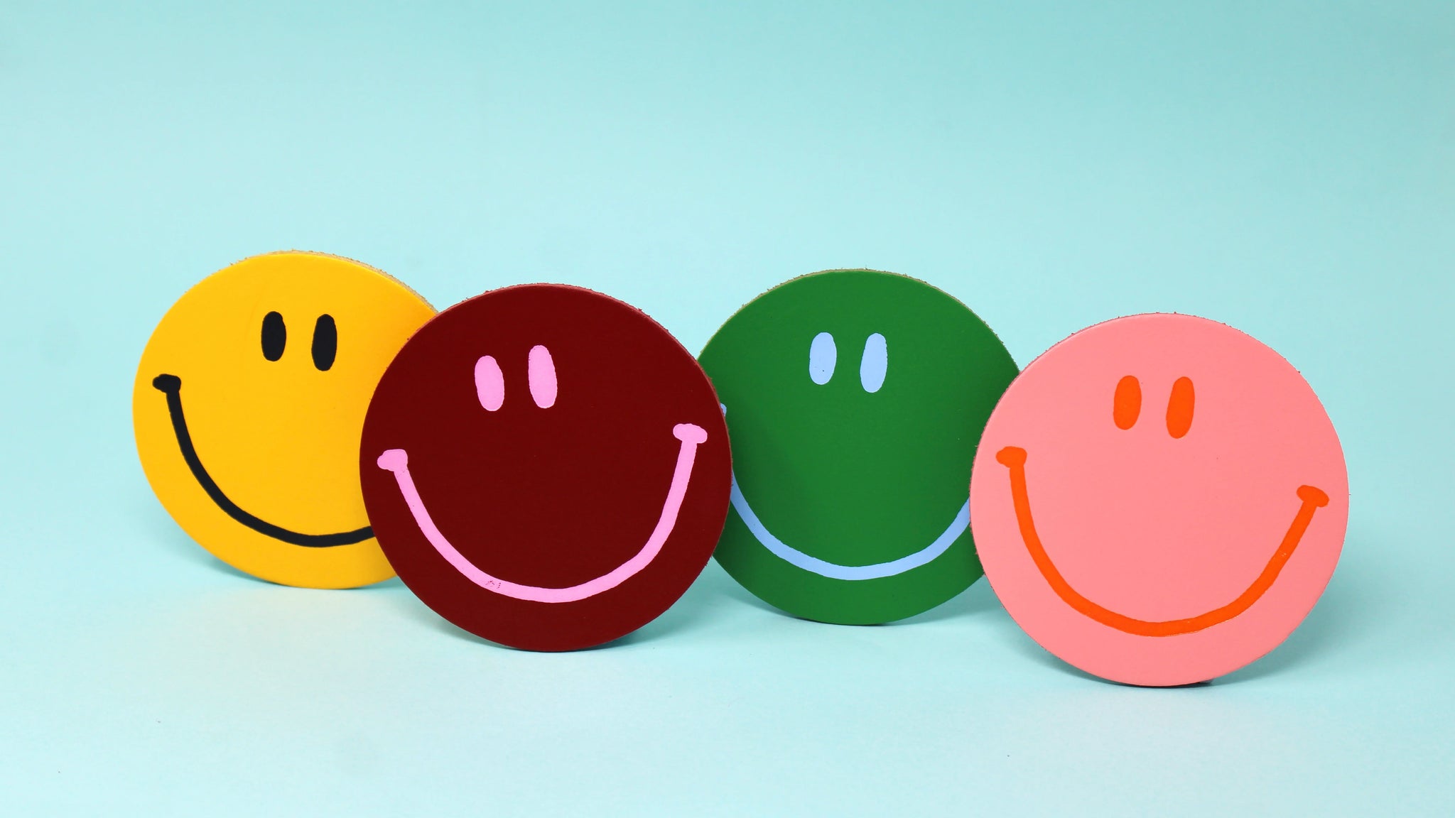 Happy Face Smilie Leather Coasters - Set of 4