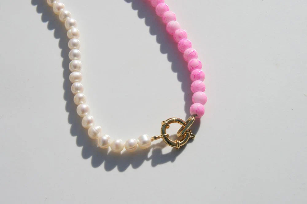 Halfsie Pink Marble + Freshwater Pearl Necklace - 18"