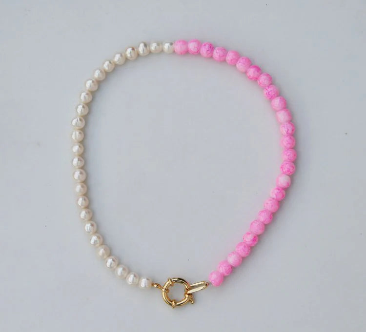 Halfsie Pink Marble + Freshwater Pearl Necklace - 18"