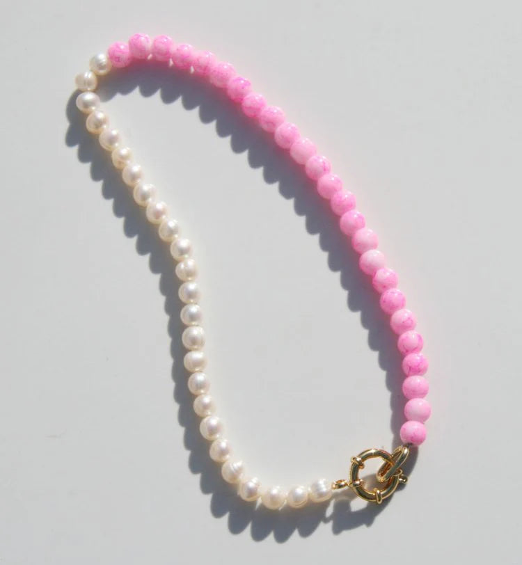 Halfsie Pink Marble + Freshwater Pearl Necklace - 18"