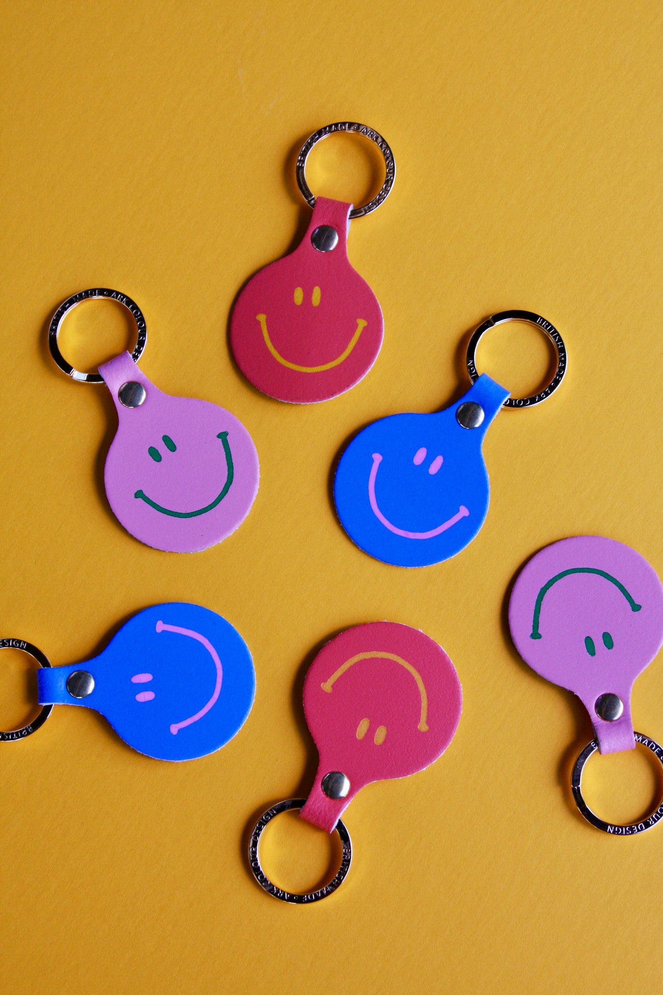 Leather Smilie Face Key Chain With Gold Ring