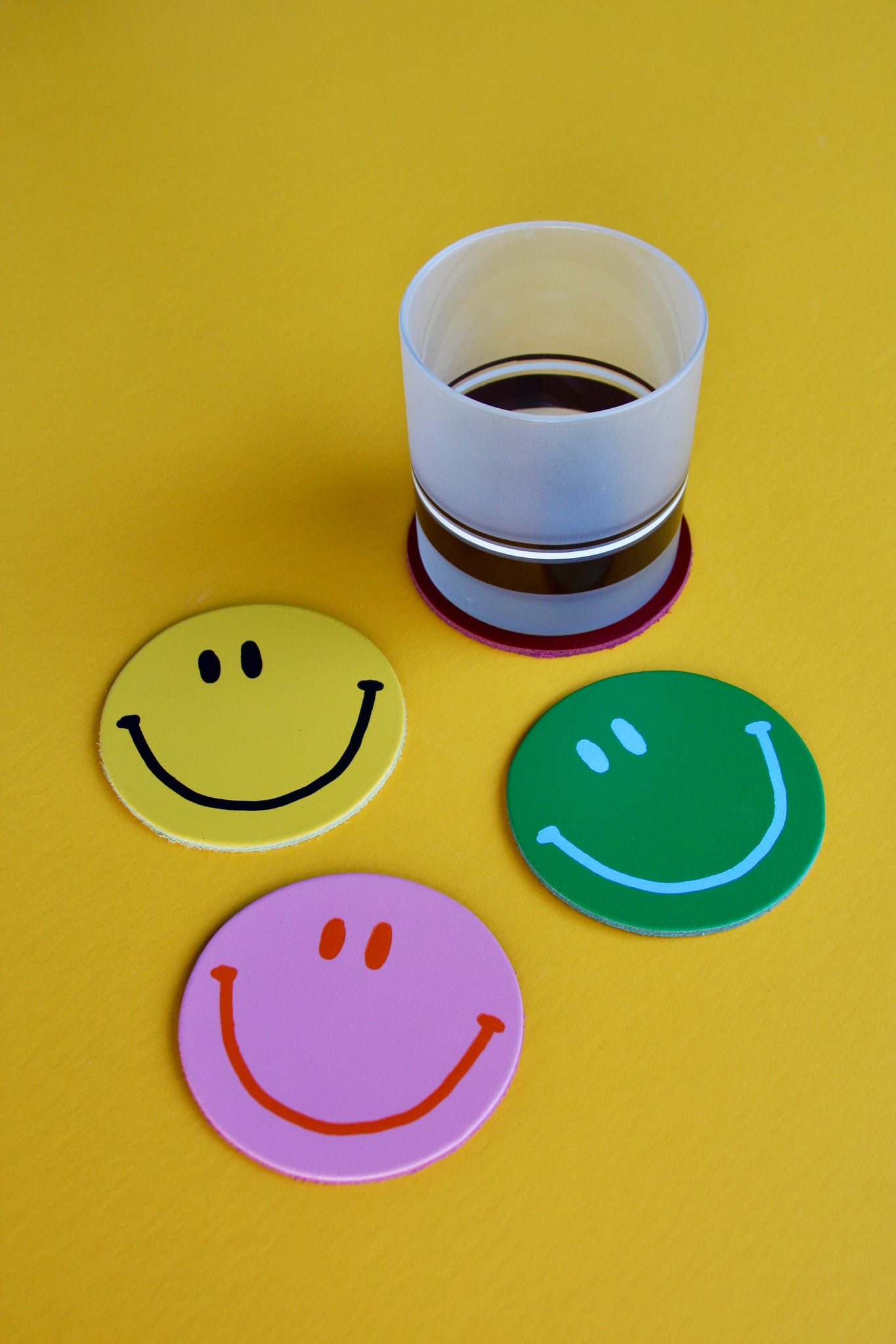 Happy Face Smilie Leather Coasters - Set of 4