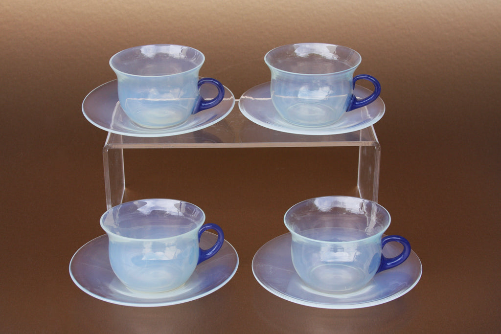 Vintage 1920's French Opaline Glass Mugs + Saucer - Set of 2