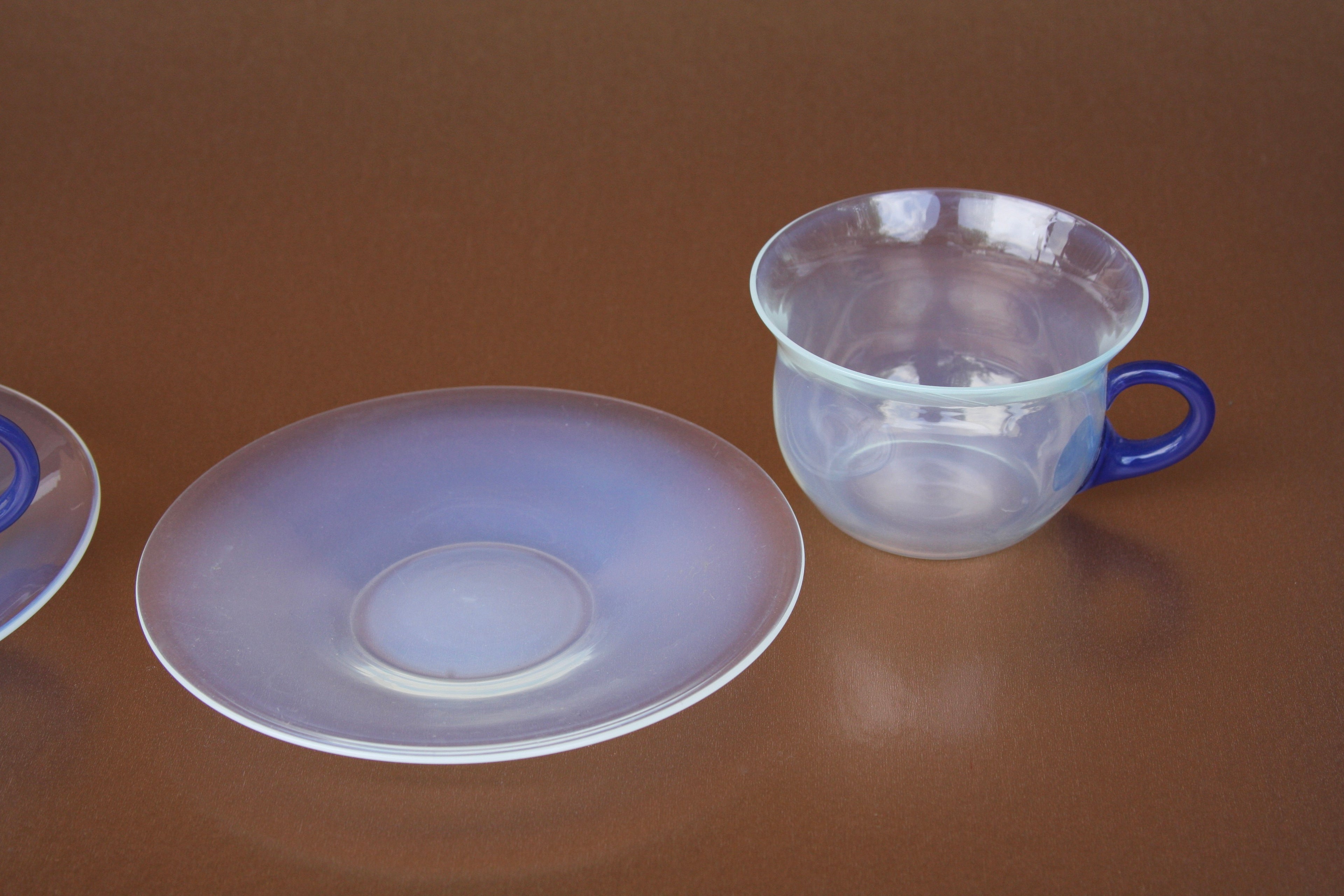 Vintage 1920's French Opaline Glass Mugs + Saucer - Set of 2
