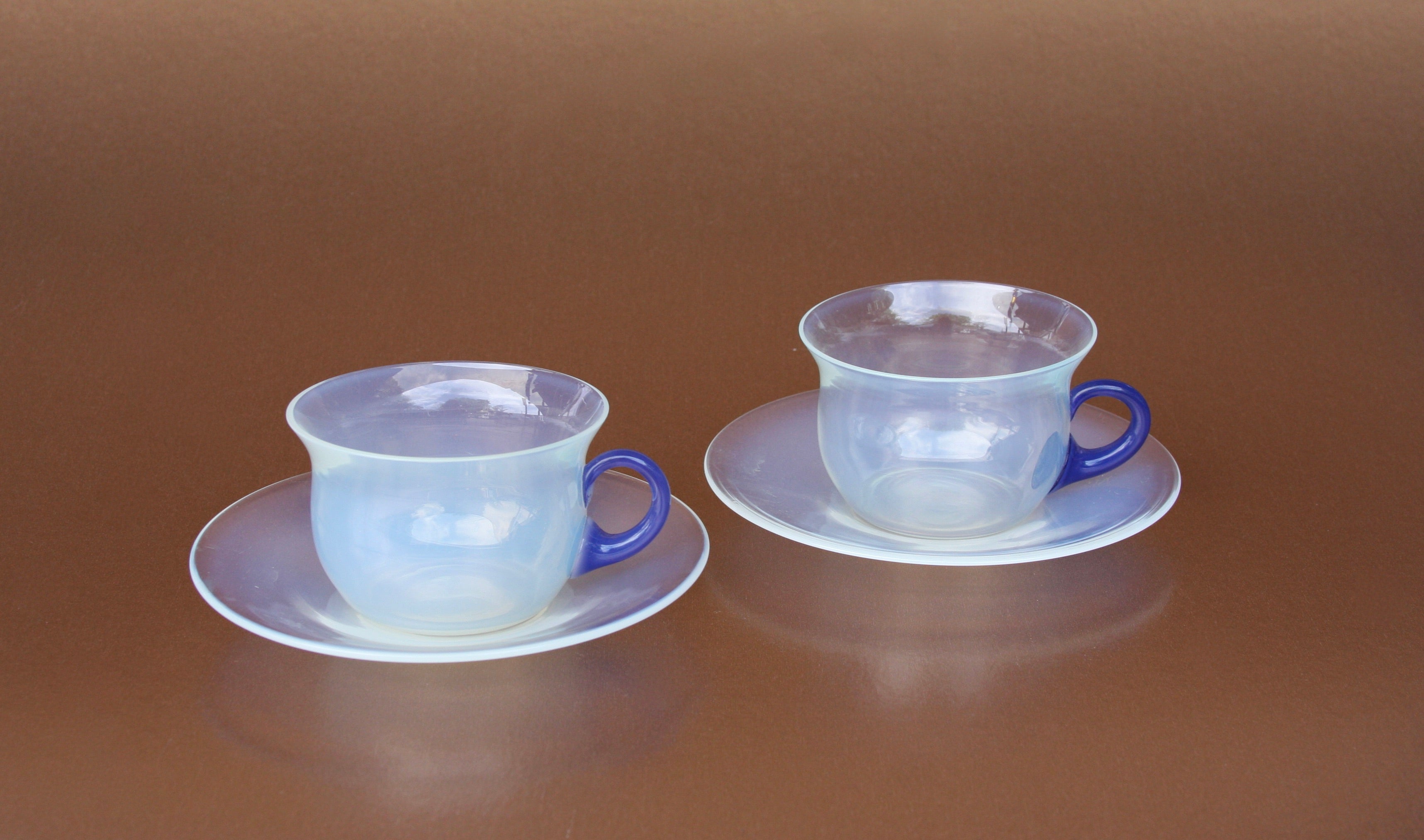 Vintage 1920's French Opaline Glass Mugs + Saucer - Set of 2