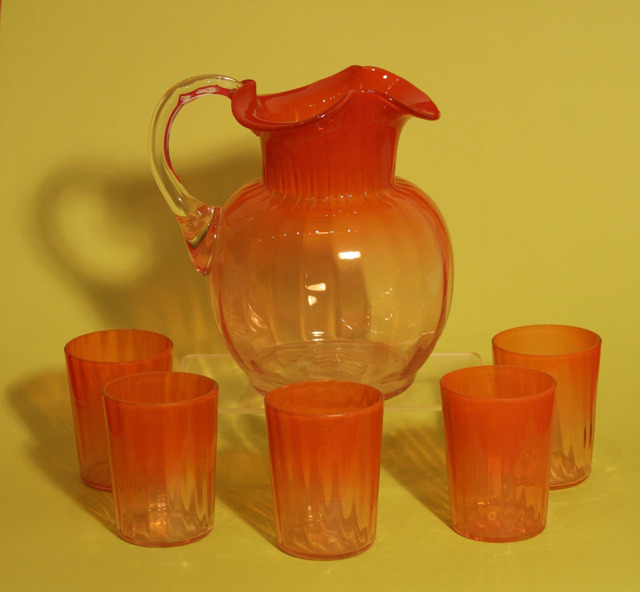 Vintage 1890's-1920 Pitcher + 5 Cup Set Coral Pink Ombre