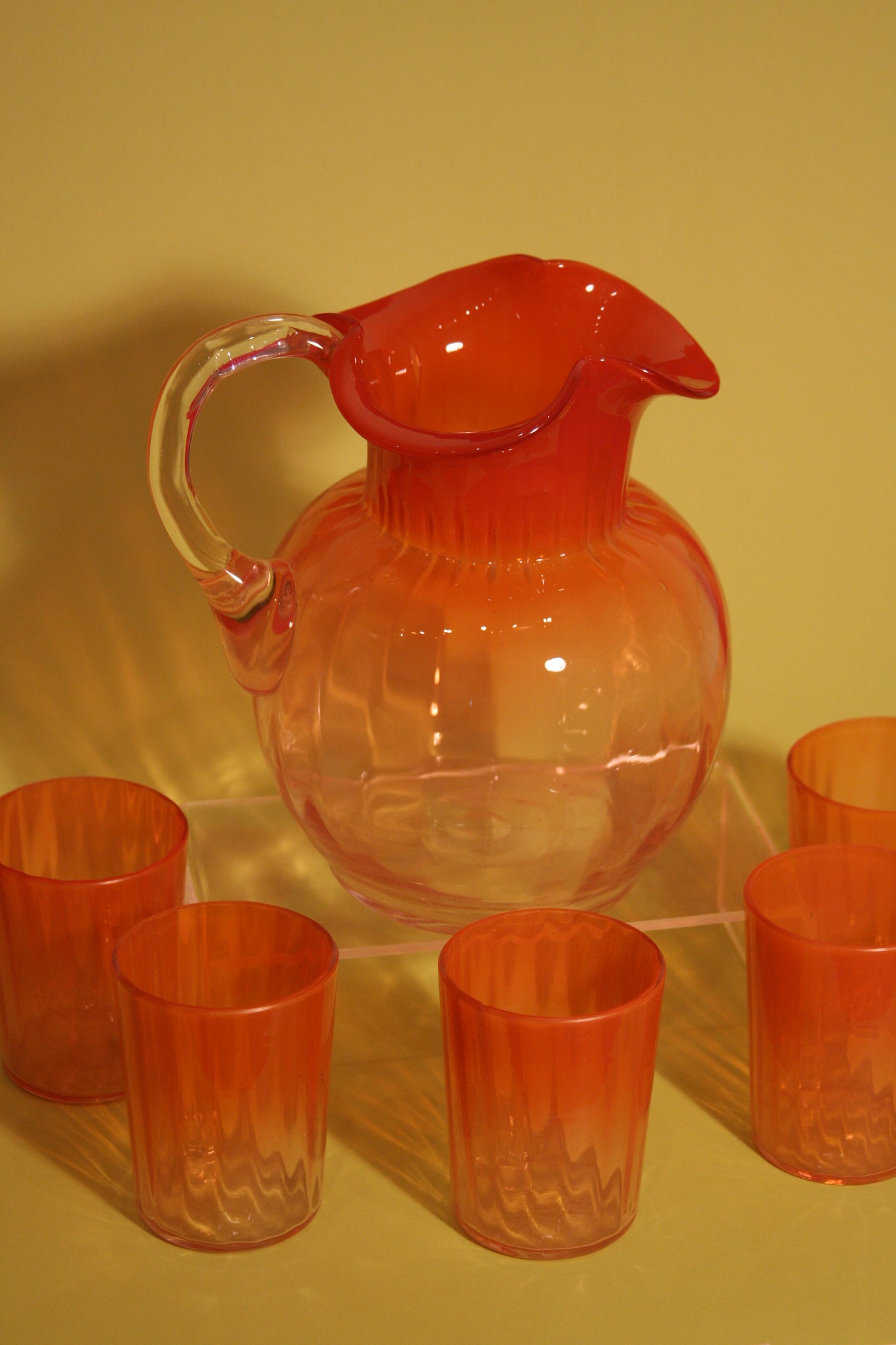 Vintage 1890's-1920 Pitcher + 5 Cup Set Coral Pink Ombre