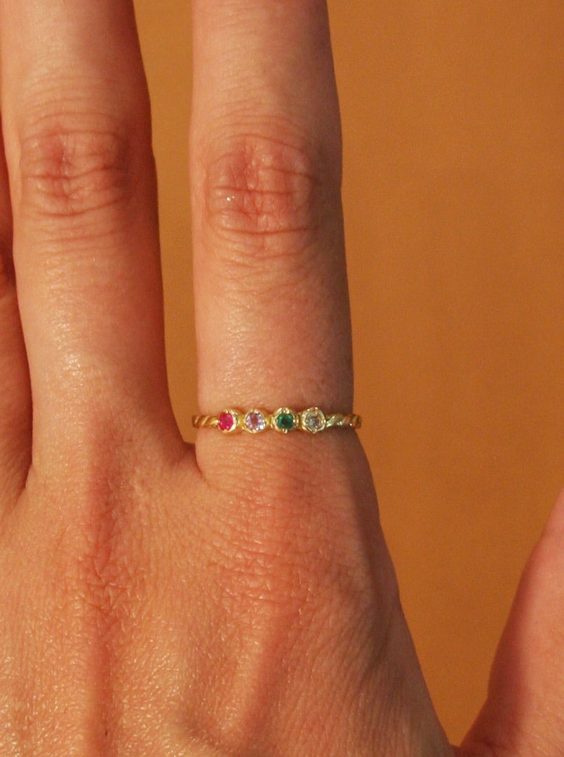 18k Gold Diamond, Emerald, Amethyst, Ruby - Size 6.5 Ring
