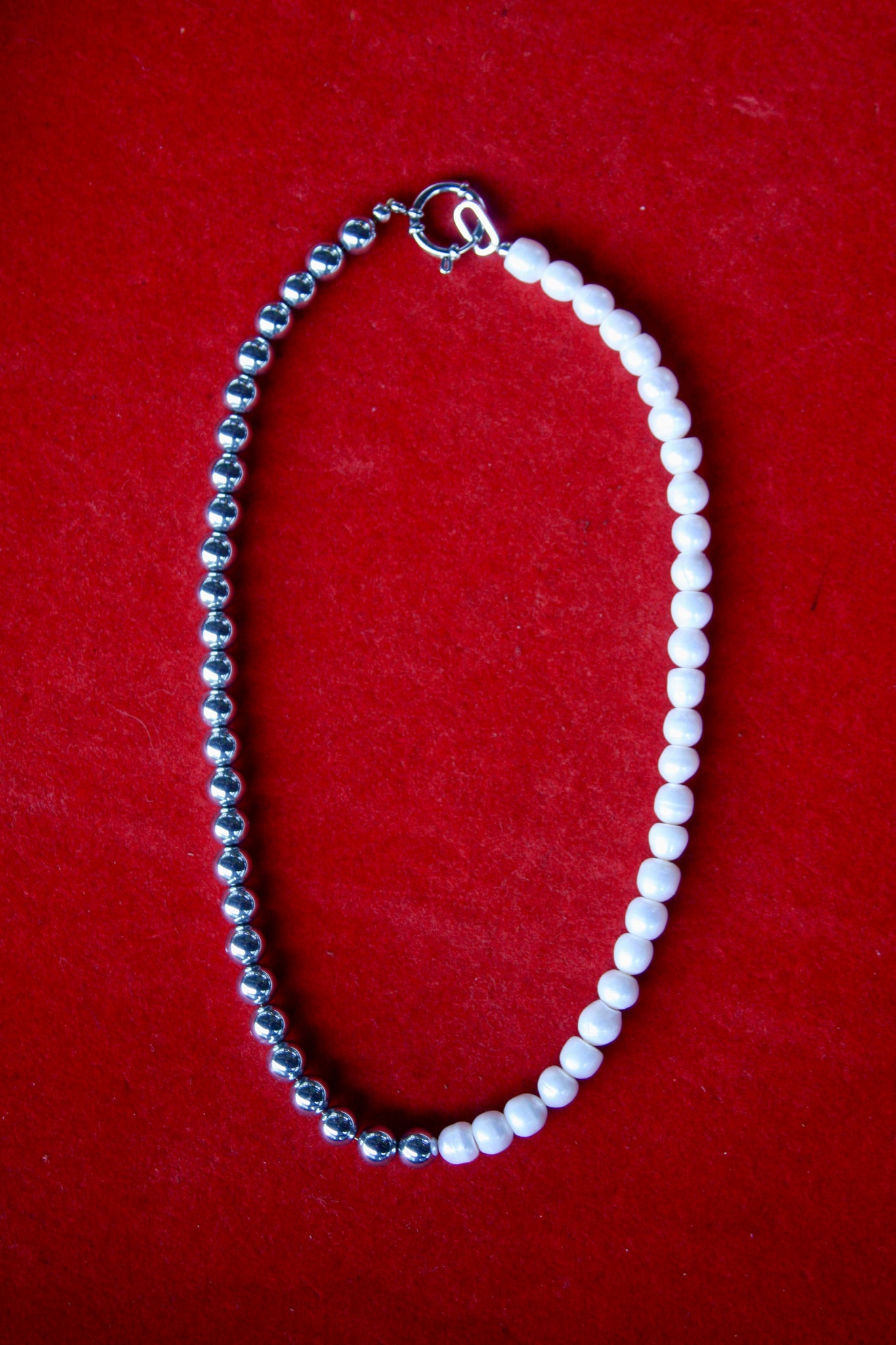 18" Halfsie Necklace - Silver Hematite + Freshwater Pearl