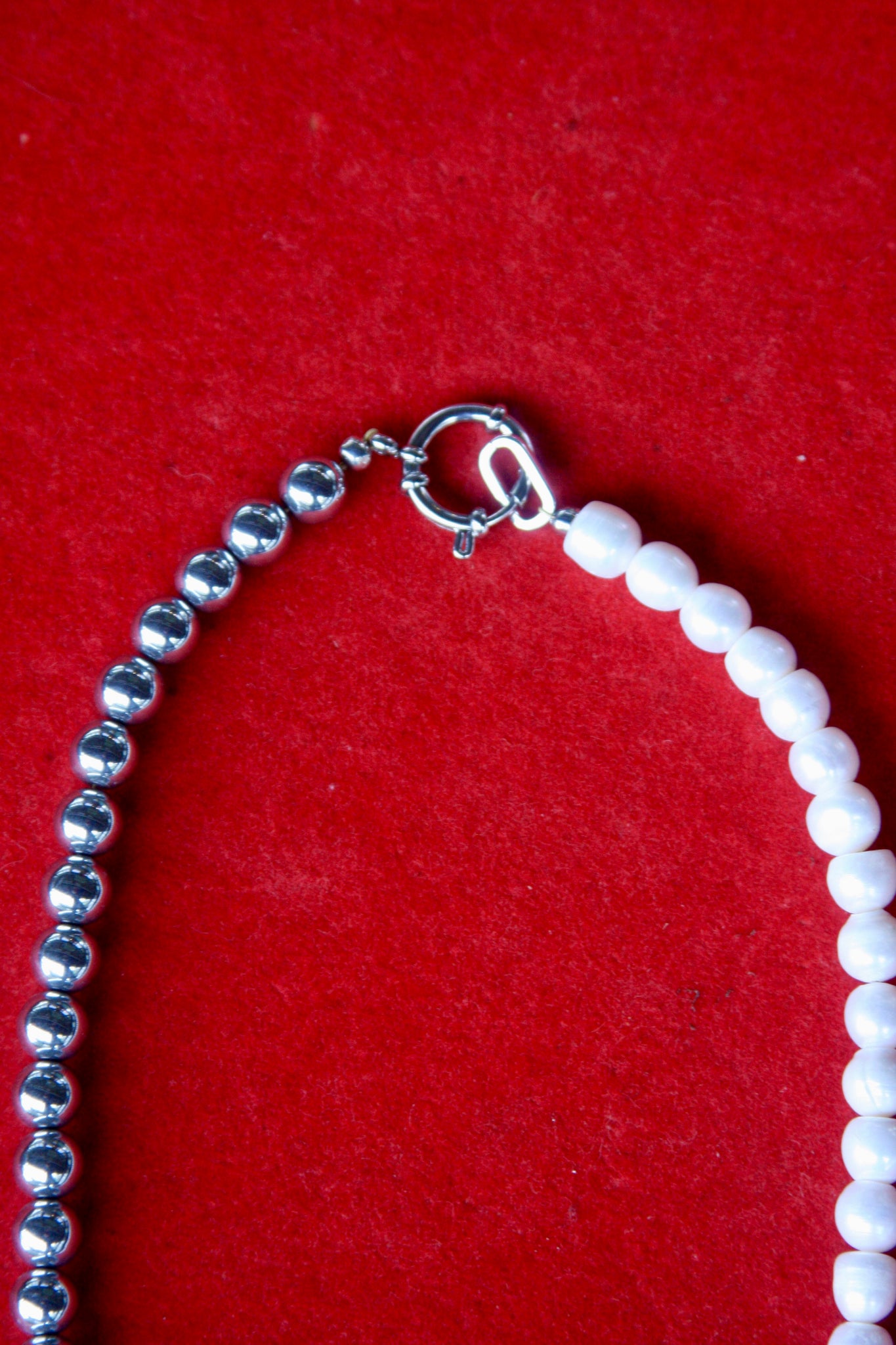 18" Halfsie Necklace - Silver Hematite + Freshwater Pearl