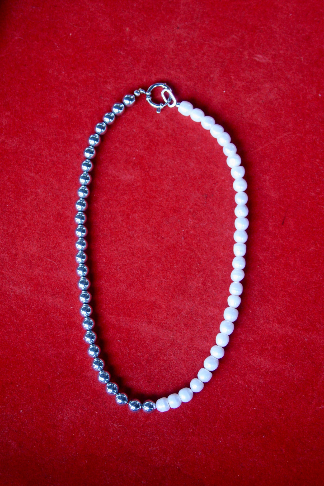 18" Halfsie Necklace - Silver Hematite + Freshwater Pearl
