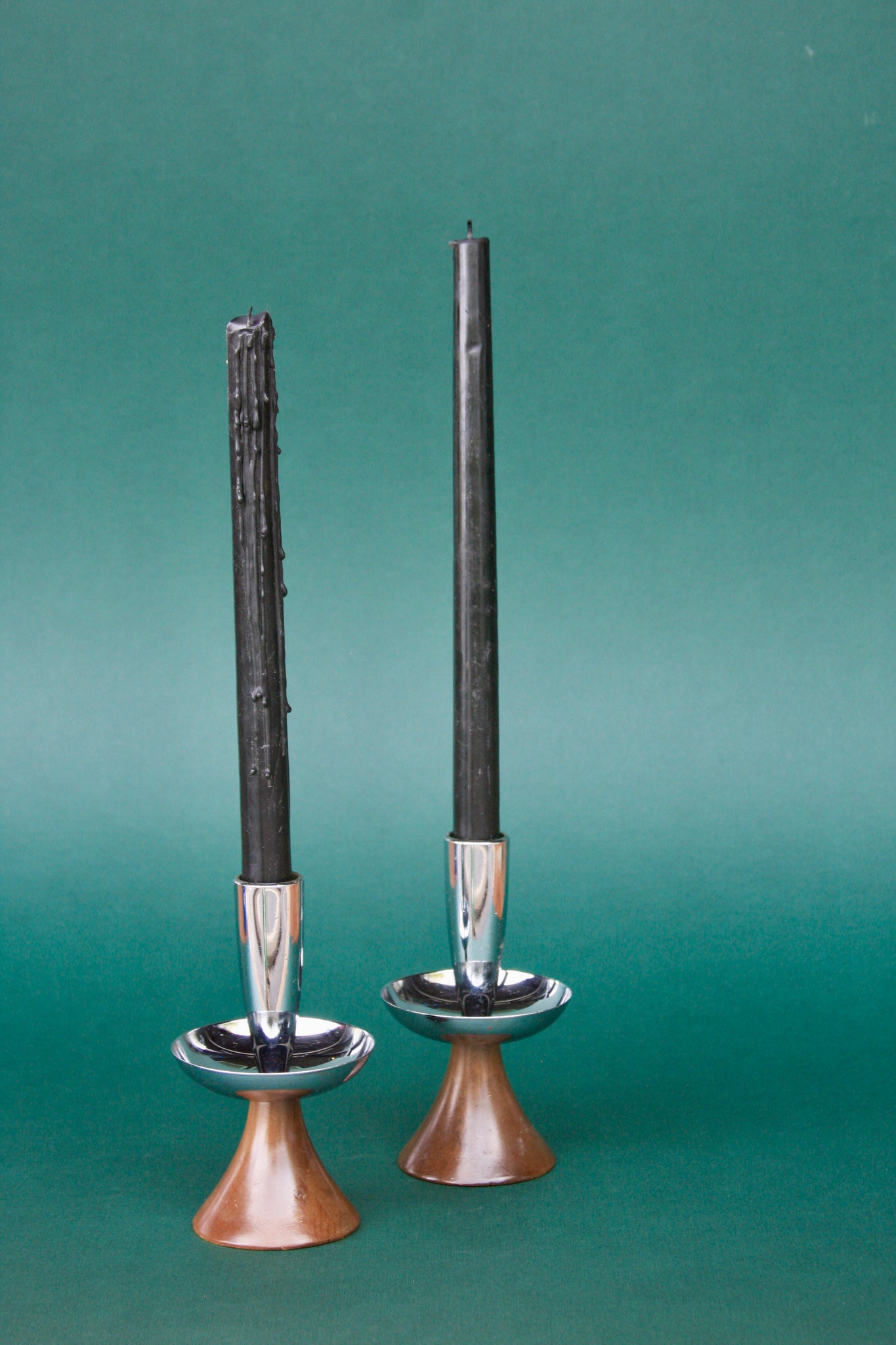 Pair of Vintage MCM Wood + Silver Candlestick Holders