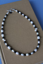Freshwater Pearl & Onyx 17" Beaded Necklace Sterling Silver Toggle