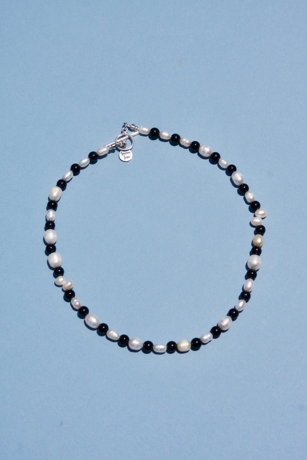 Freshwater Pearl & Onyx 17" Beaded Necklace Sterling Silver Toggle