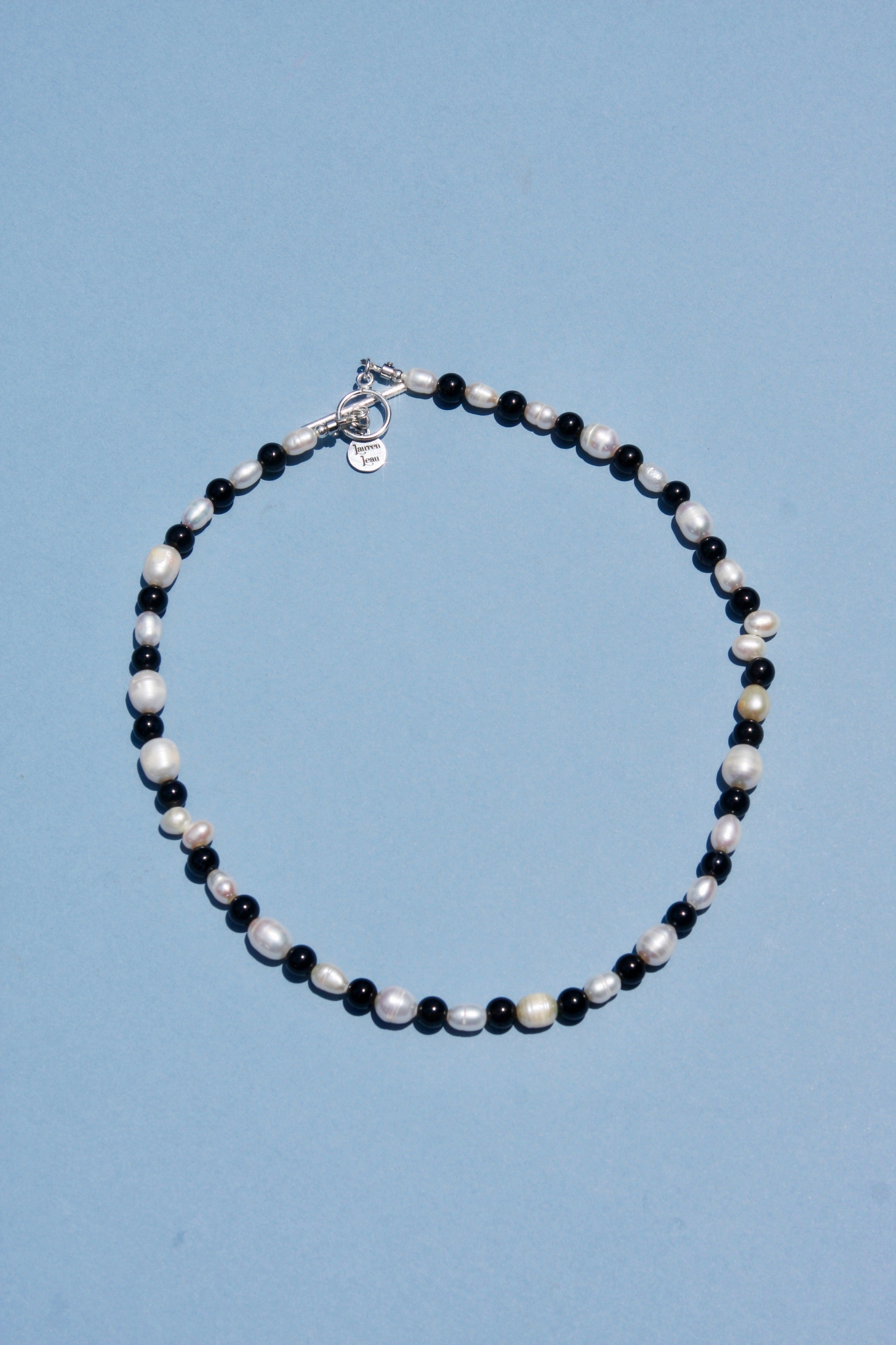 Freshwater Pearl & Onyx 17" Beaded Necklace Sterling Silver Toggle
