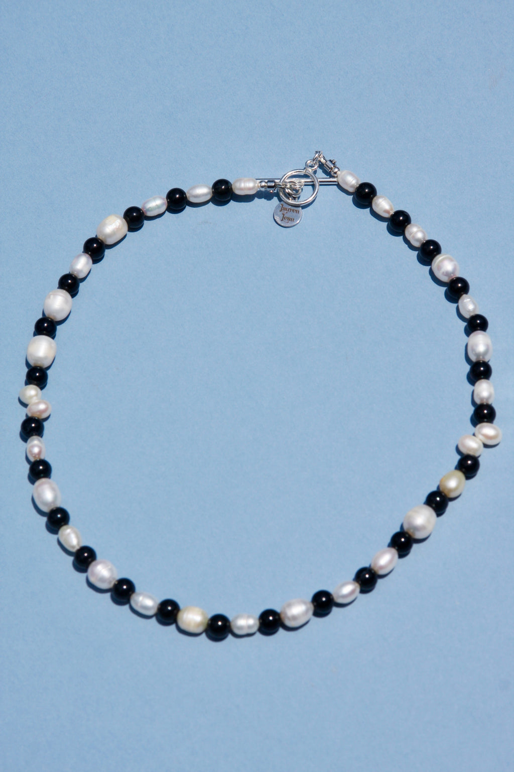 Freshwater Pearl & Onyx 17" Beaded Necklace Sterling Silver Toggle