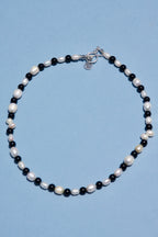 Freshwater Pearl & Onyx 17" Beaded Necklace Sterling Silver Toggle