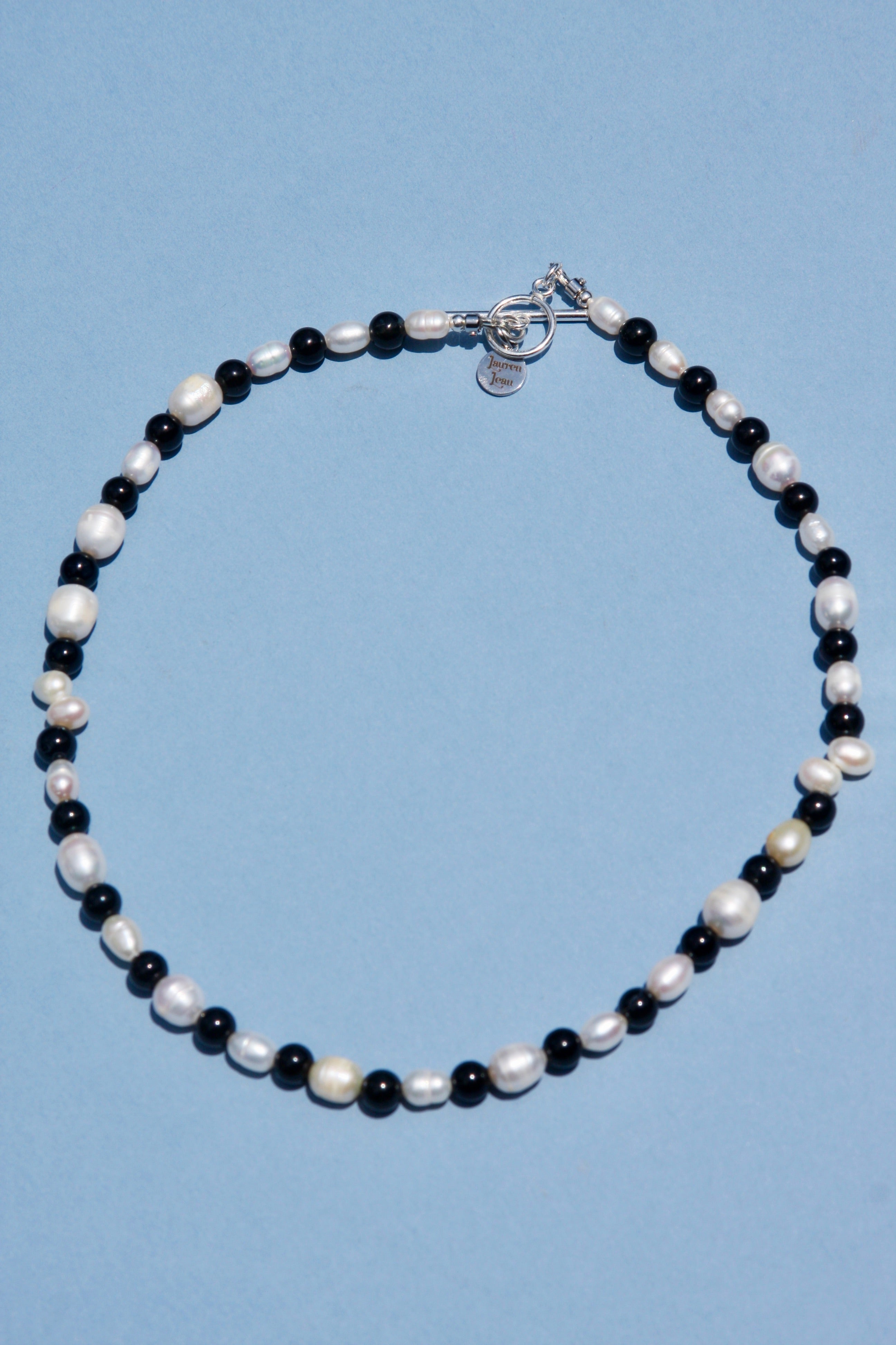 Freshwater Pearl & Onyx 17" Beaded Necklace Sterling Silver Toggle