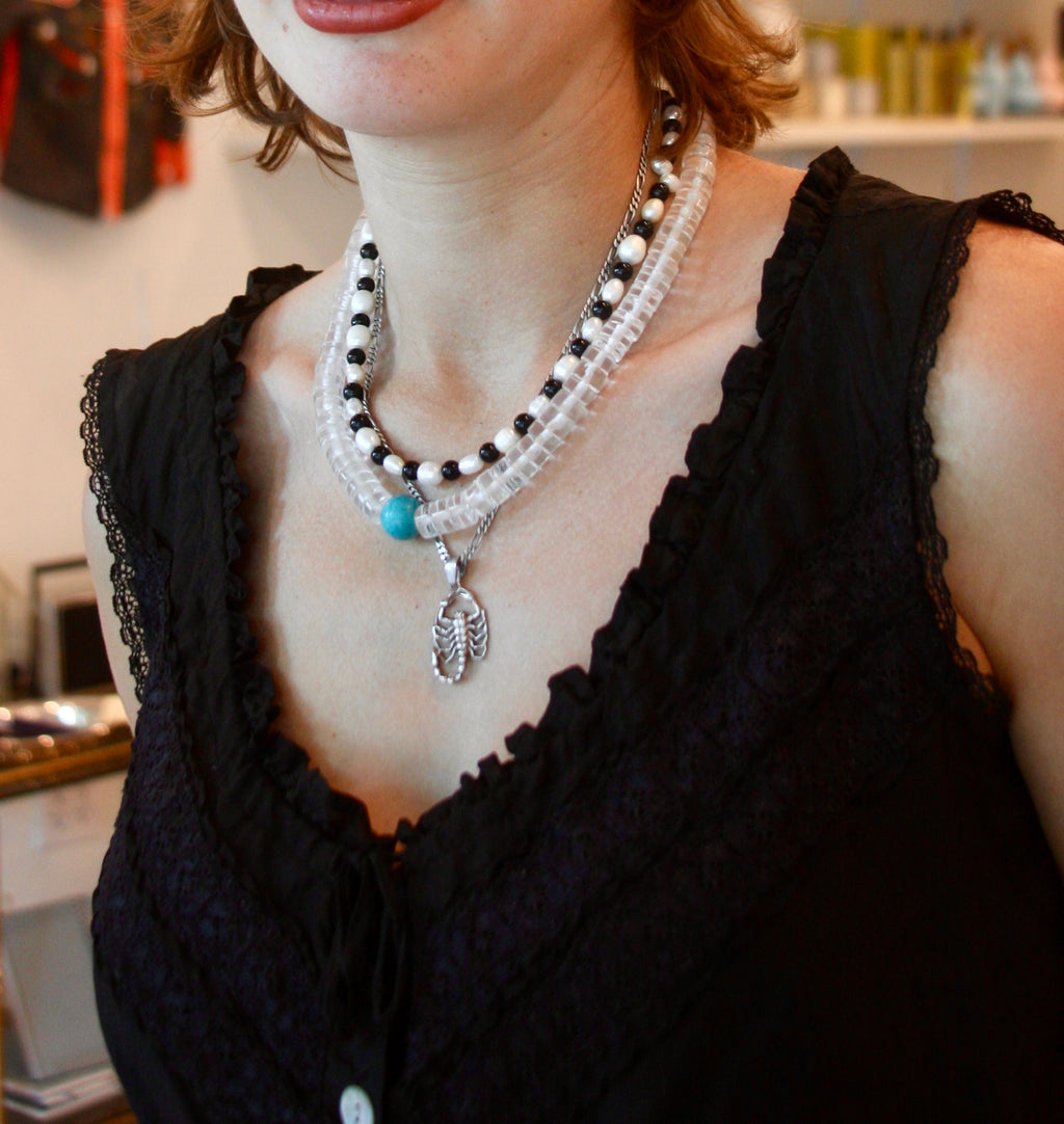 Freshwater Pearl & Onyx 17" Beaded Necklace Sterling Silver Toggle