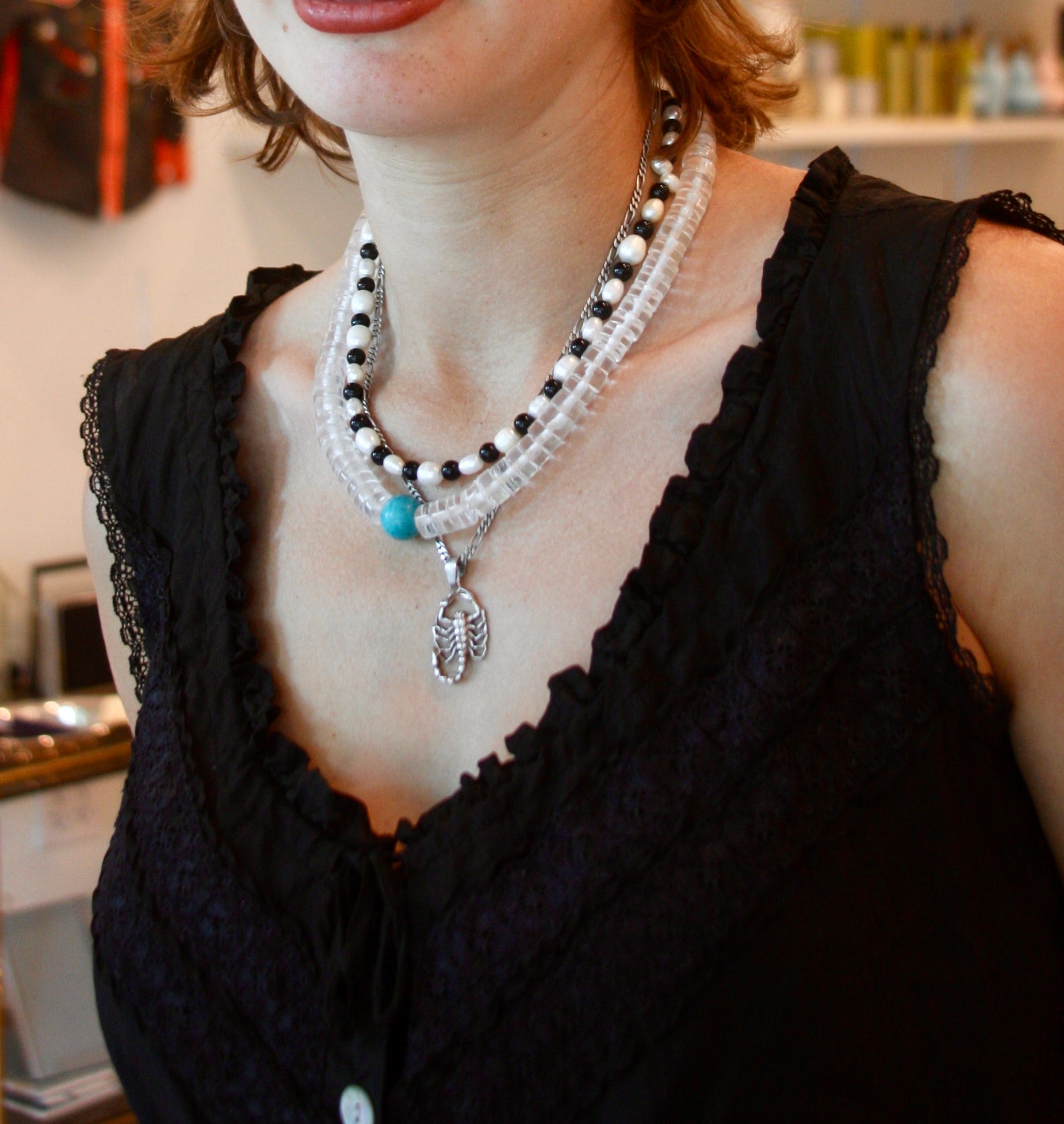 Freshwater Pearl & Onyx 17" Beaded Necklace Sterling Silver Toggle