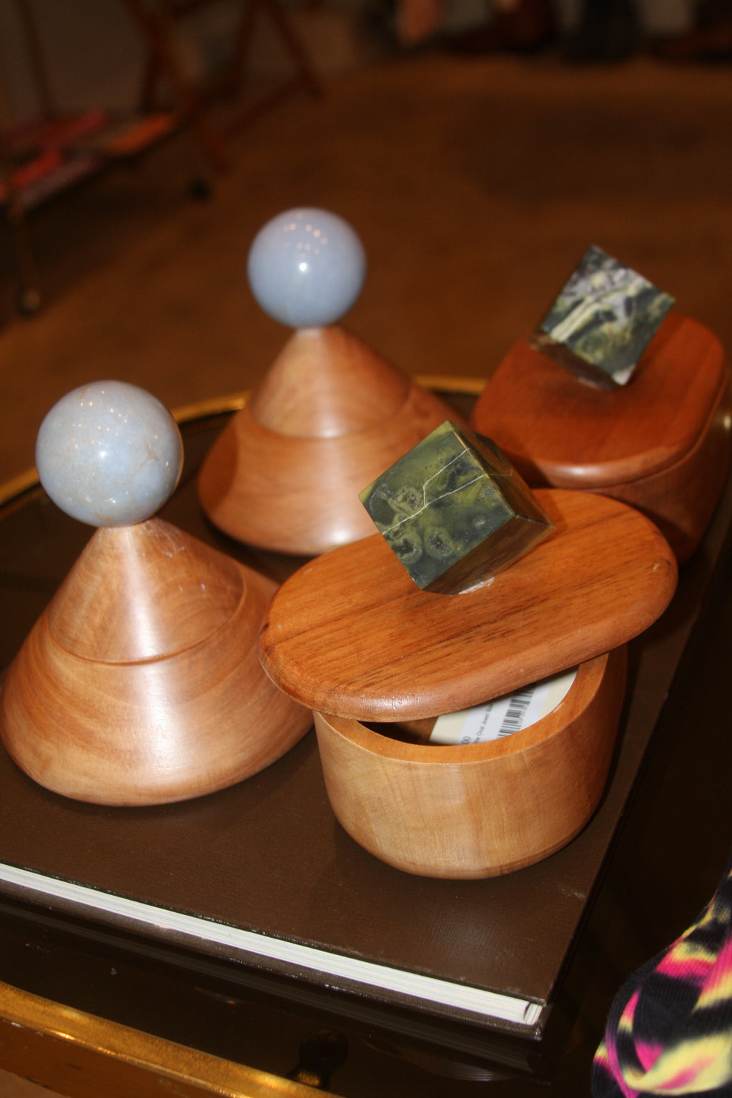 Green Serpantine Stone & Hand Carved Oval Wood Box