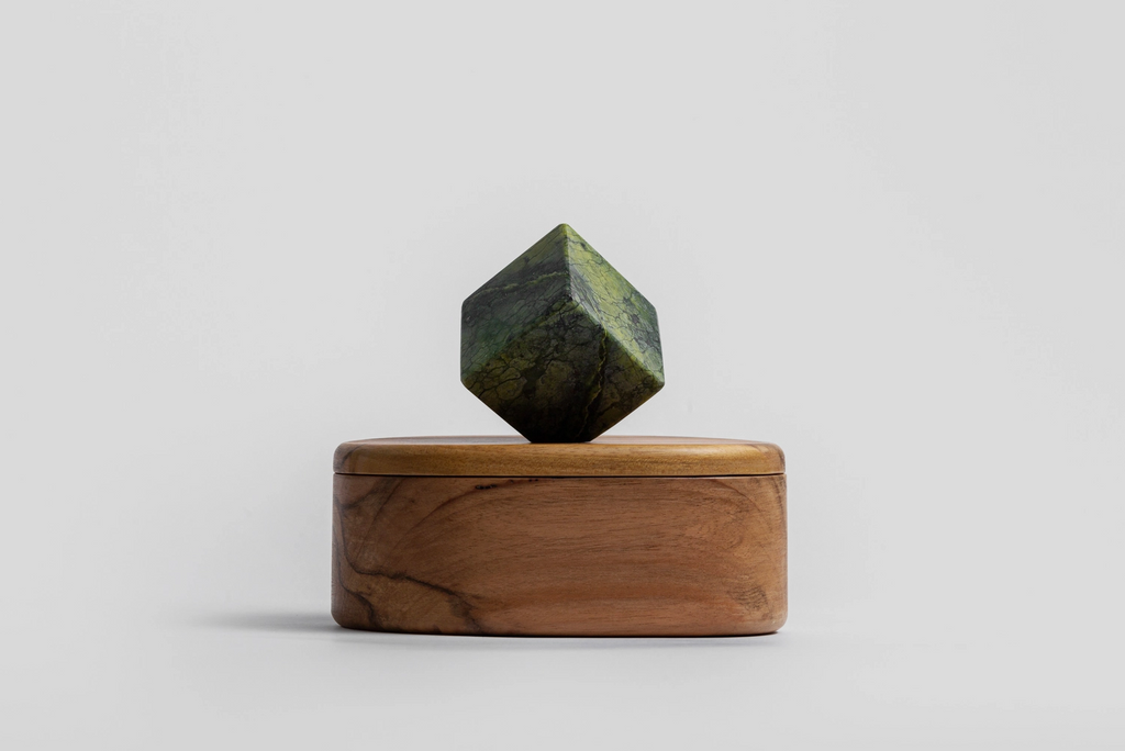 Green Serpantine Stone & Hand Carved Oval Wood Box
