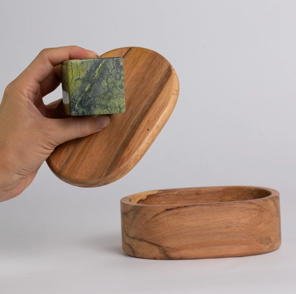Green Serpantine Stone & Hand Carved Oval Wood Box