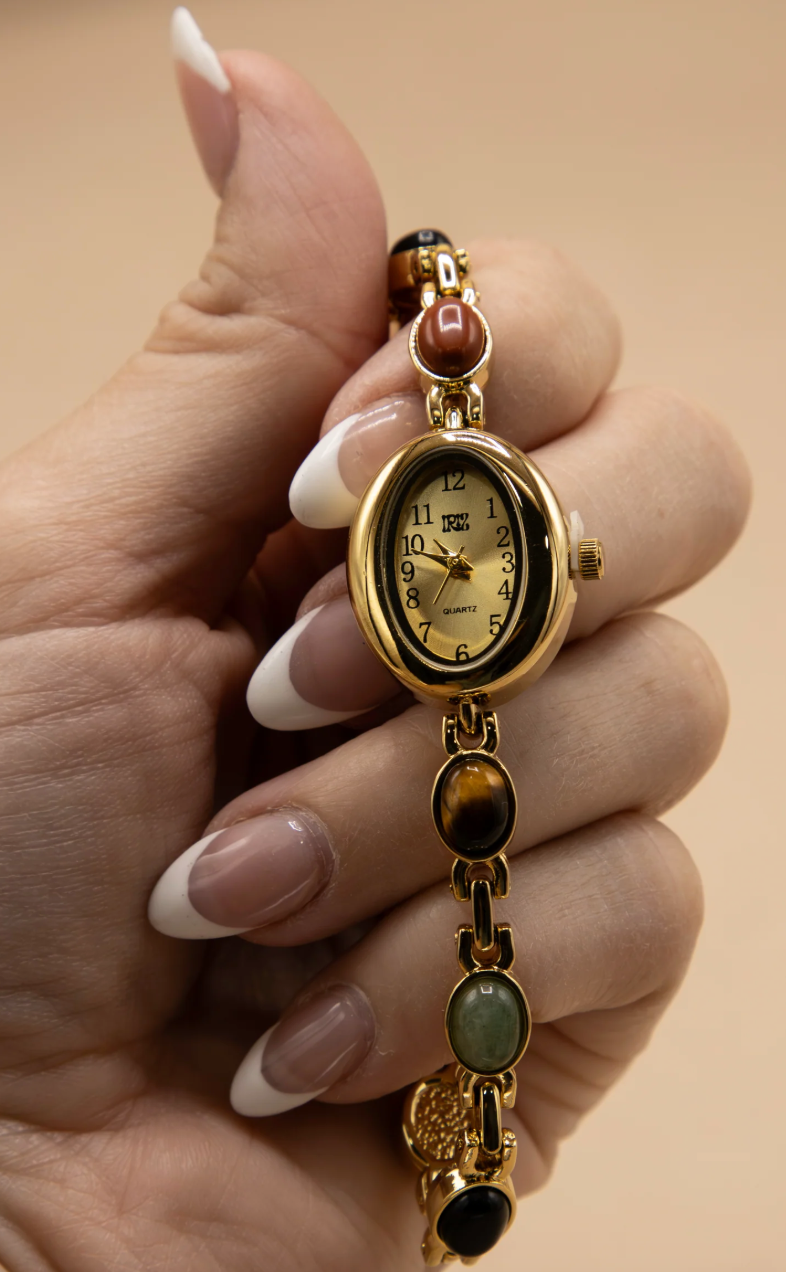 Gold Cairo Gem Stone Vintage Inspired Watch (links removable)