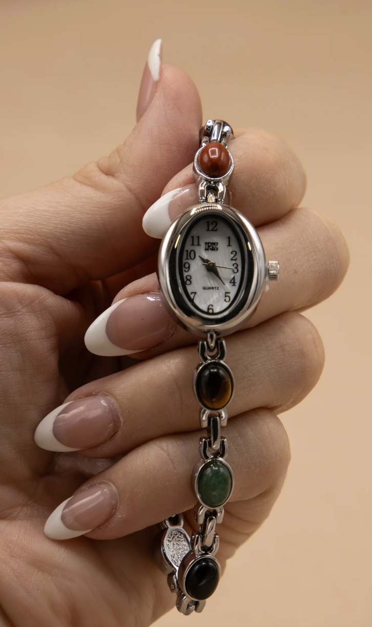 Silver Cairo Gem Stone Vintage Inspired Watch (links removable)