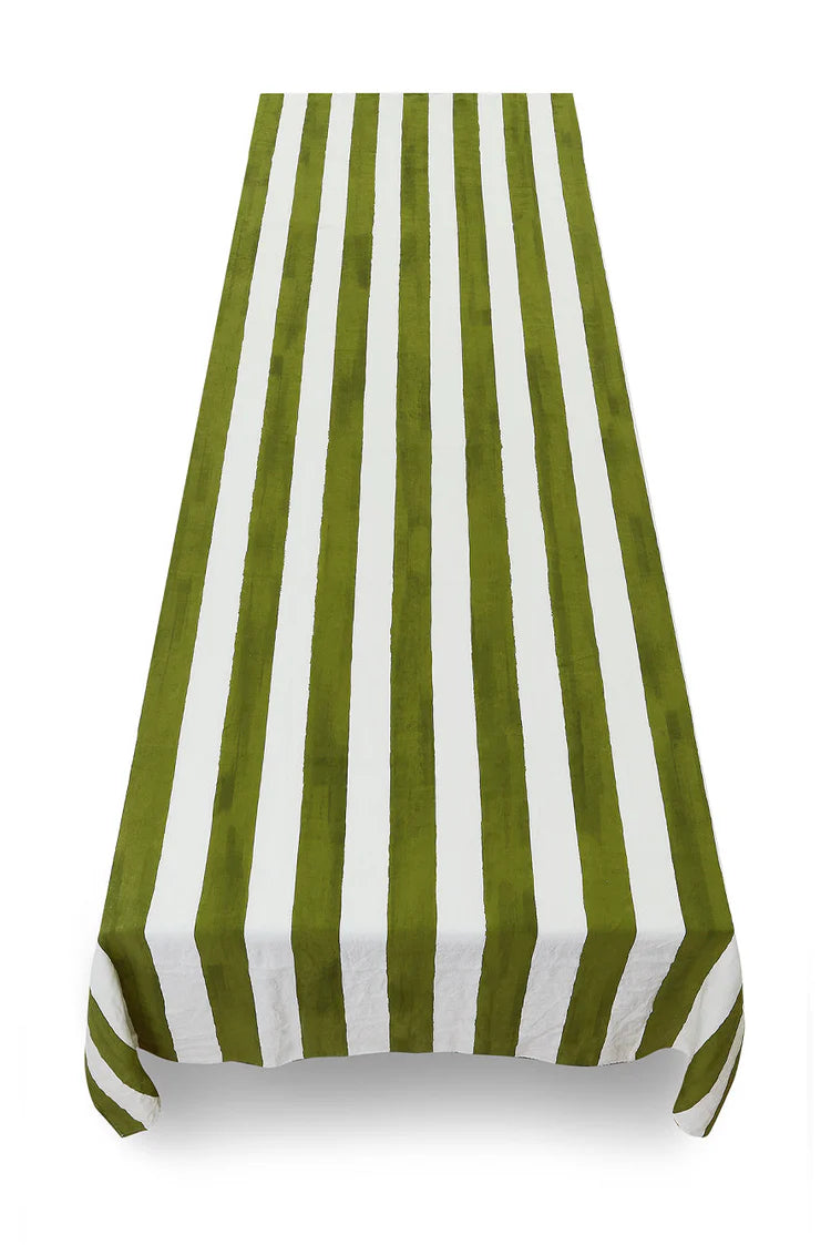 Stripe Linen Tablecloth in Green & White