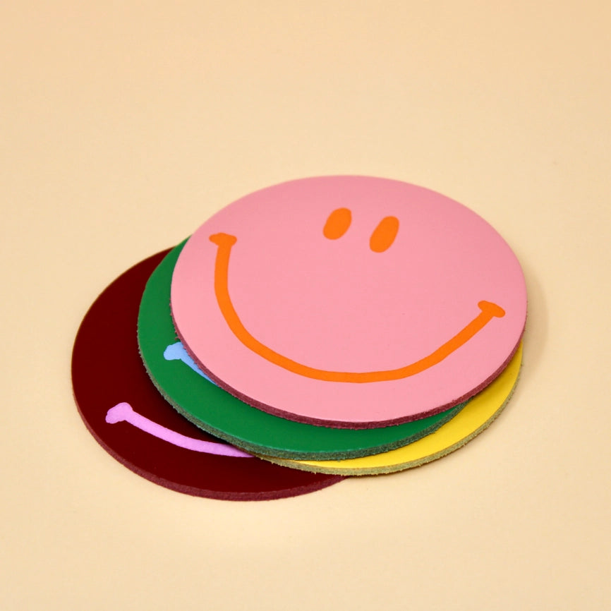 Happy Face Smilie Leather Coasters - Set of 4