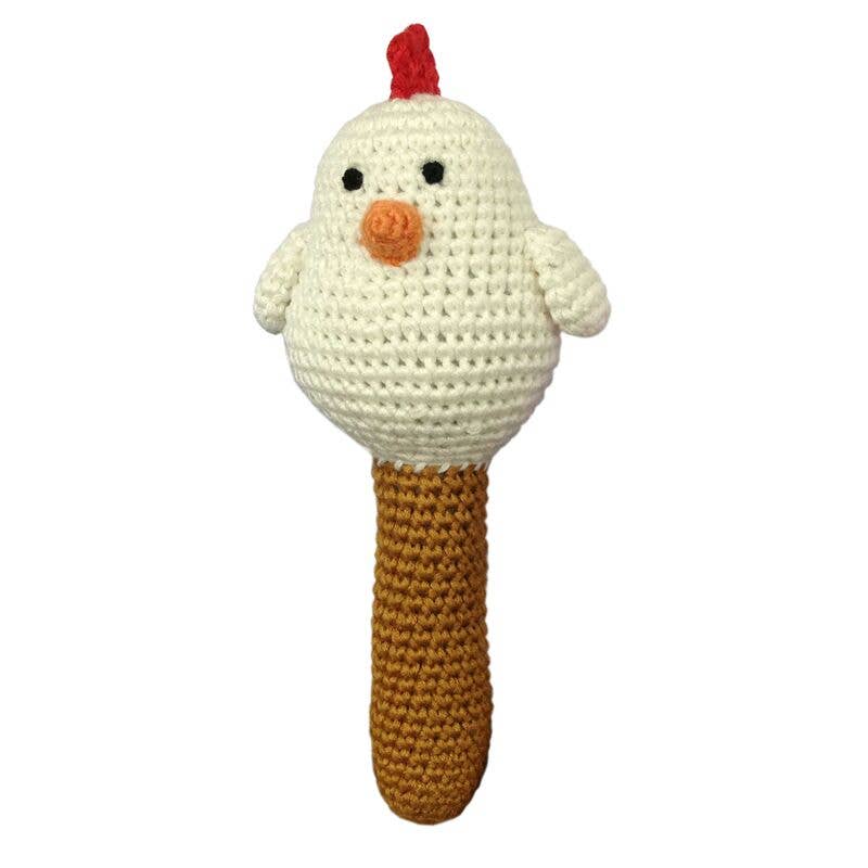 White Hen Stick Hand Crocheted Baby Rattle